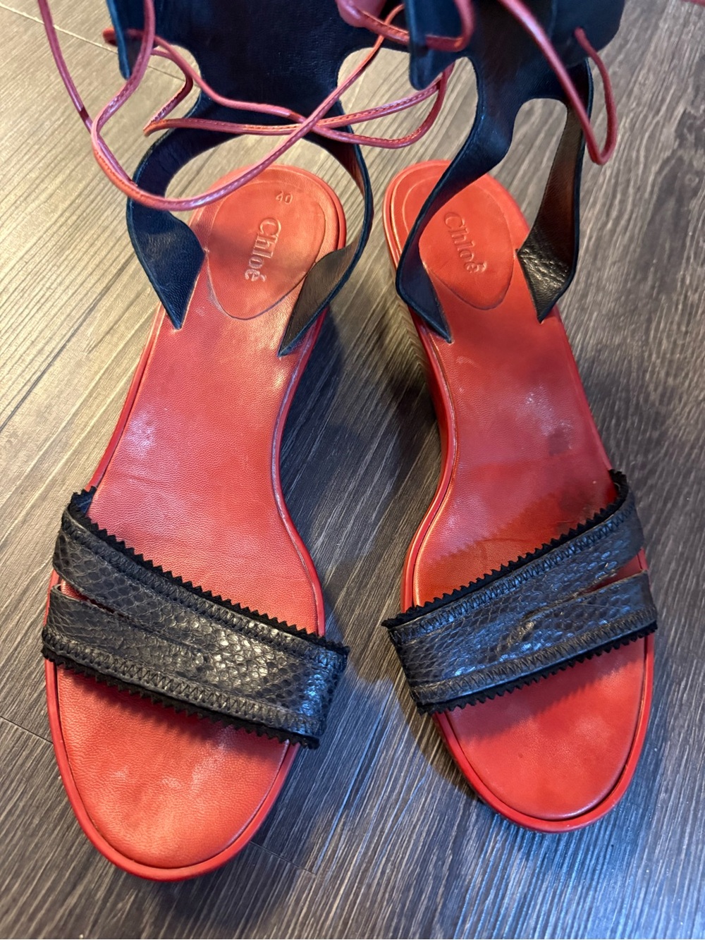 Chloe Red & Black Snakeskin Leather Ankle-Tie Sandals